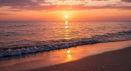 Sunset Beach Calmly Serene with Warm Glow