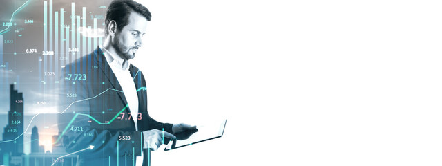 Businessman analyzing financial data on a tablet with stock market graphs overlay.