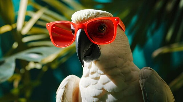 Parrot wearing bright red sunglasses poses in a vibrant tropical setting surrounded by lush greenery and colorful plants