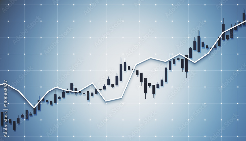 Poster financial candlestick chart with a rising trend line on a blue grid background. 3d rendering