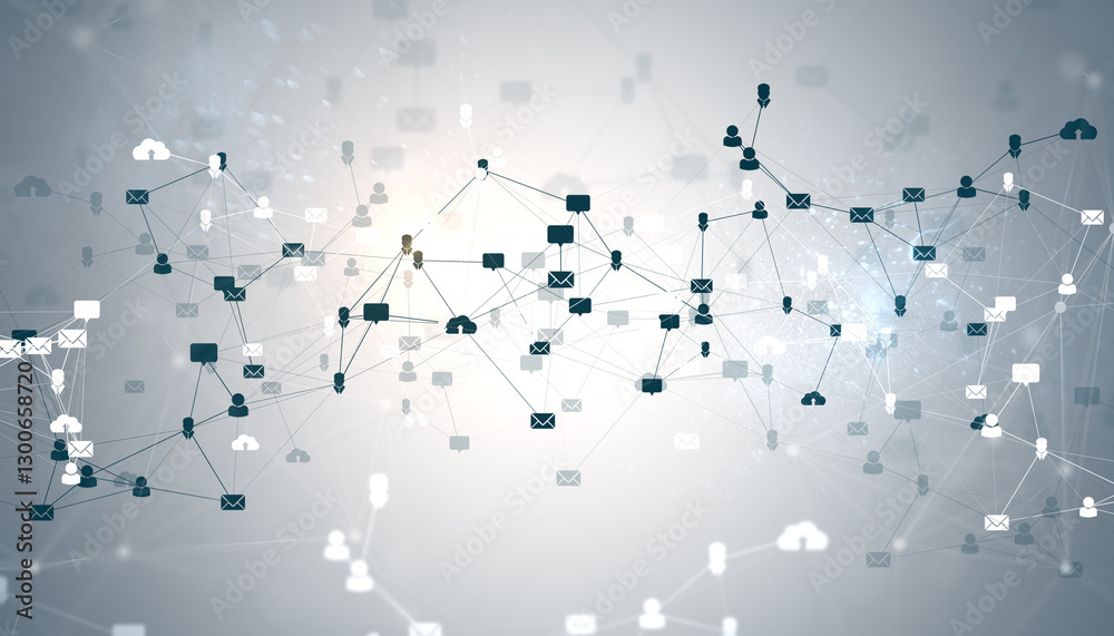 Poster Abstract digital social network with connected icons and nodes on light background. 3D Rendering
