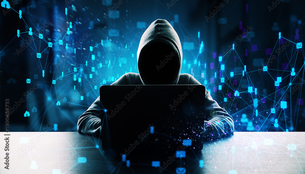 Poster Anonymous hacker in hoodie using laptop at desk.
