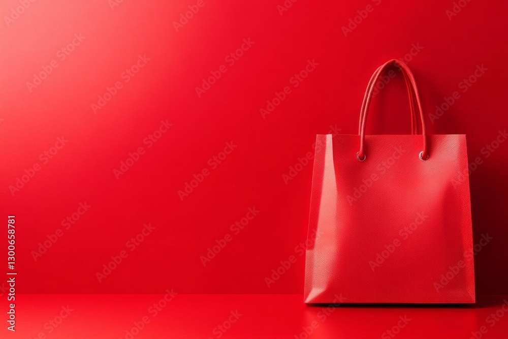 Fototapete A bright red shopping bag with a sleek design rests on a glossy red surface. Soft light reflects off the edges, creating an elegant and modern appearance