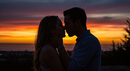 Fototapeta premium Silhouette Couple Romantic Kissing at Sunset