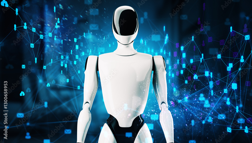 Poster futuristic humanoid robot with digital social network connections in background.