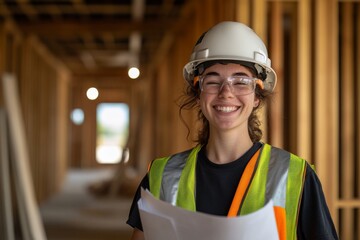 Construction worker in hard hat and safety vest smiles while holding blueprint at a modern home under construction, showcasing teamwork and dedication