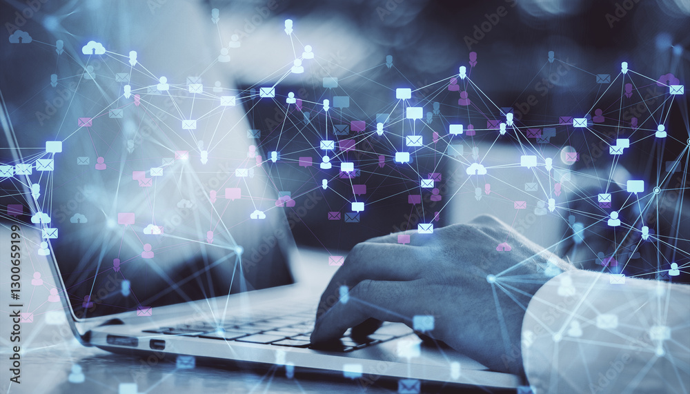 Poster digital communication network overlay on laptop with hand typing.