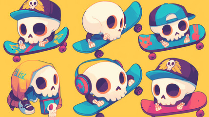 Colorful cartoon skull characters skateboarding in playful poses against a vibrant yellow background