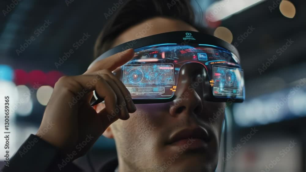 Poster software developer exploring augmented reality using innovative ar glasses, interacting with hologra