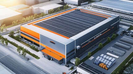 Obraz premium Cutting-Edge Factory Showcase with Sustainable Solar Power on Rooftops
