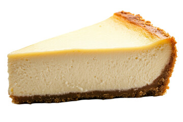 Delicious slice of cheesecake with golden crust and creamy filling transparent background