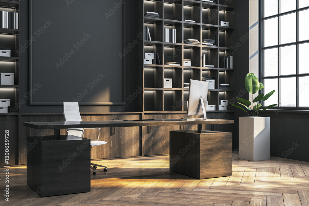 Aufkleber modern executive office with desk and bookshelves. 3d rendering