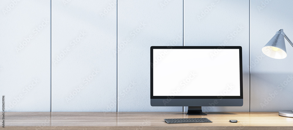 Poster Modern office desk with computer screen and lamp. 3D Rendering