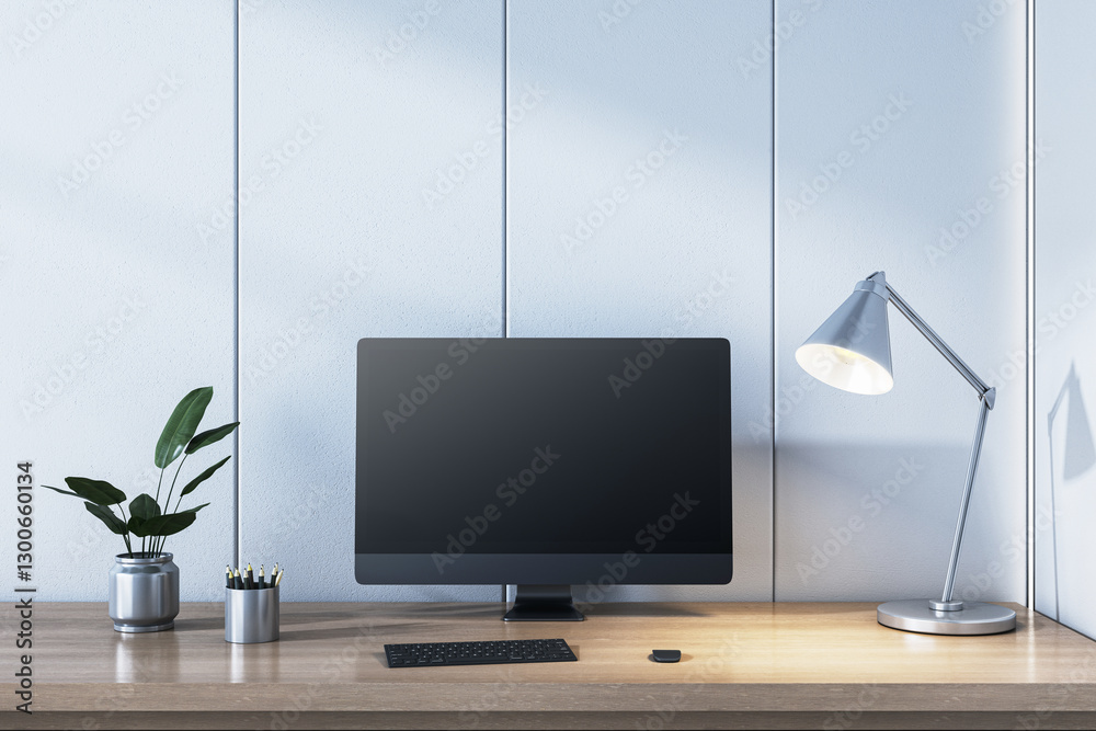 Poster Modern office desk with computer screen and lamp. 3D Rendering