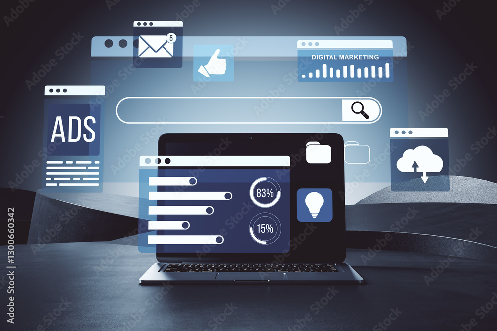 Poster Digital marketing interface with floating ads, stats, and icons on a laptop screen. 3D Rendering