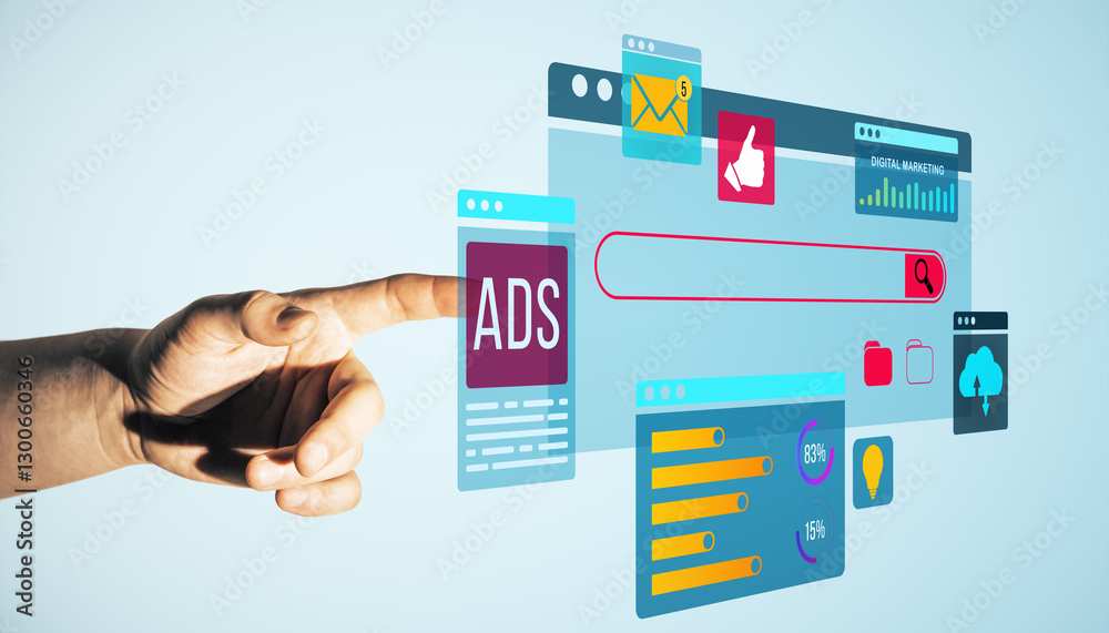 Poster hand interacting with digital marketing interface displaying ads, analytics, and online business too