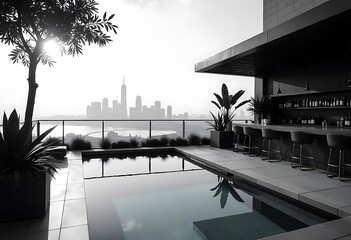 Obraz premium Urban Luxury: Rooftop Pool and Bar Overlooking the City