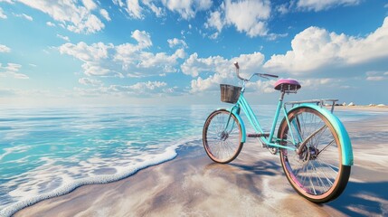 Fototapeta premium Serene coastal escape, A vintage bicycle amidst turquoise waters and blue skies
