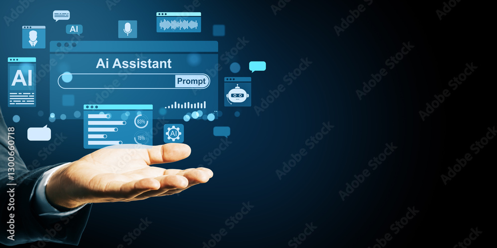 Aufkleber hand presenting ai assistant interface on dark background.