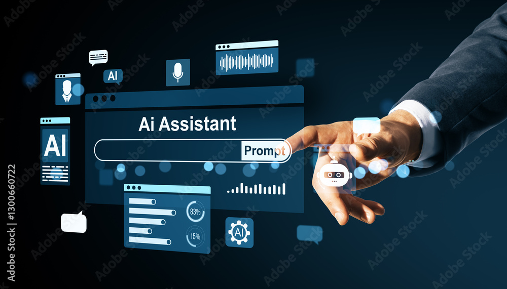 Poster hand interacting with ai assistant interface on dark background.