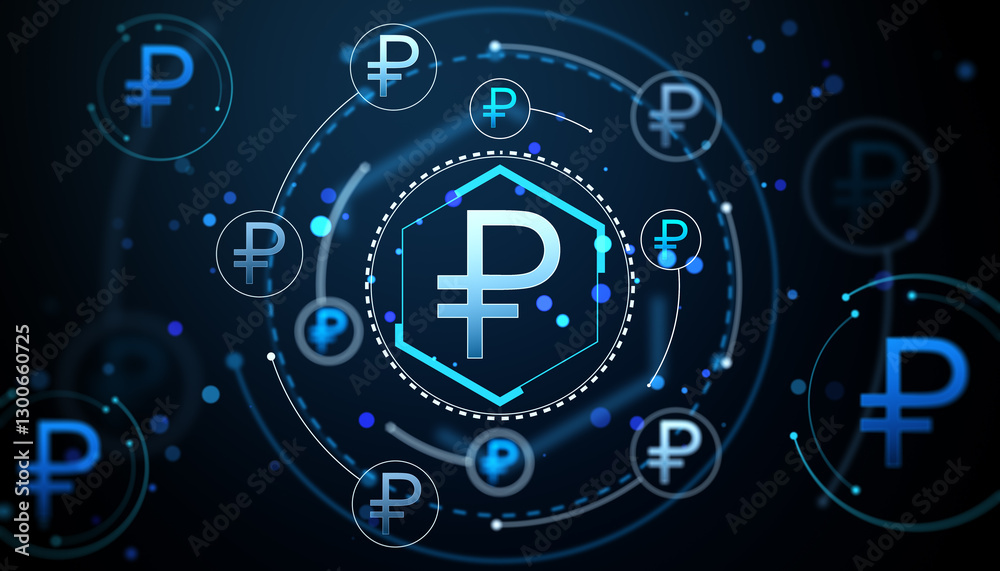 Poster digital ruble symbols on a futuristic background. 3d rendering