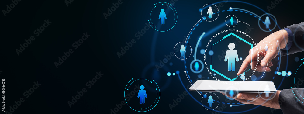 Poster Hand selecting icon on tablet with network of people in background.