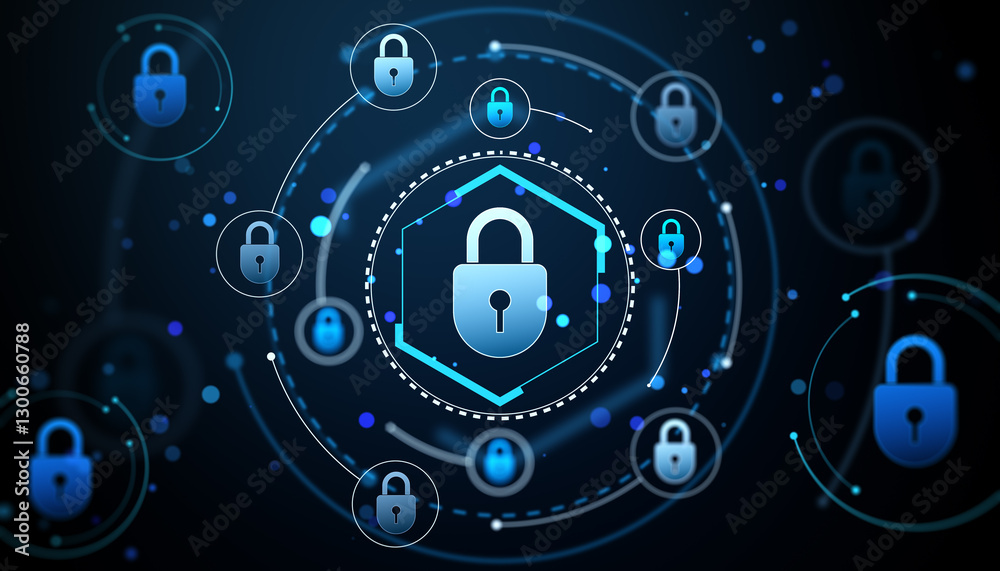 Aufkleber Digital Security Concept with Multiple Padlock Icons on Dark Background. 3D Rendering