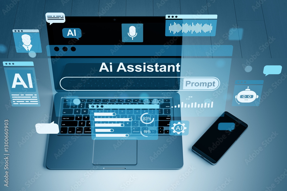 Aufkleber Ai Assistant interface on laptop screen with smartphone. 3D Rendering