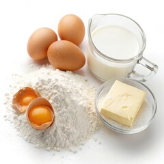 Close up of Baking Ingredients Laid Out on a Table Including Eggs Flour Milk and Butter for preparing a homemade meal pastry or dessert