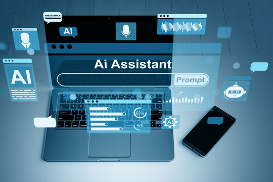Ai Assistant interface on laptop screen with smartphone. 3D Rendering