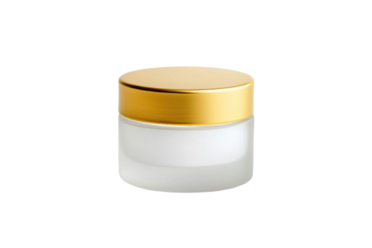Close-up of a small cosmetic jar with a frosted glass body and a golden cap against a transparent background