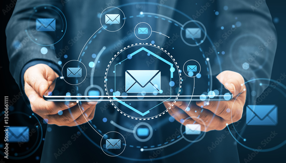 Poster digital email icons on a tablet with a hologram interface.