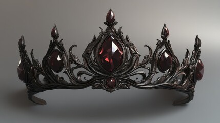 A close-up of a gothic black metal crown with dark red gemstones on a shadowy grey background
