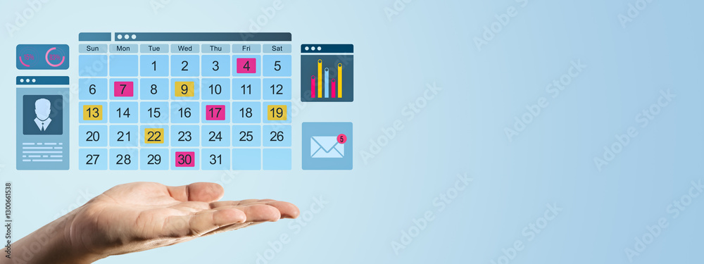 Poster hand showing digital calendar with business icons on light background.