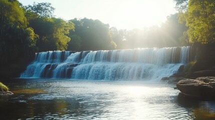 Fototapeta premium Serene Waterfall with Lush Green Background and Bright Light