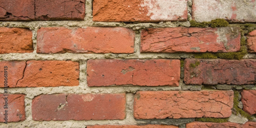 Poster a close-up view of a textured brick wall featuring varying shades of red and brown, with visible cra