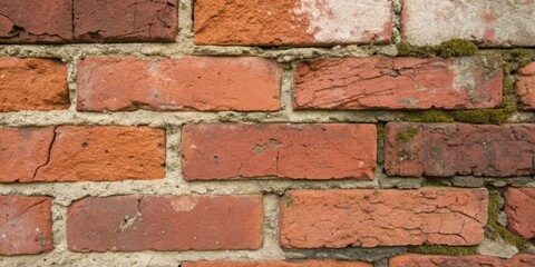 Obraz premium A close-up view of a textured brick wall featuring varying shades of red and brown, with visible cracks and some moss growth.