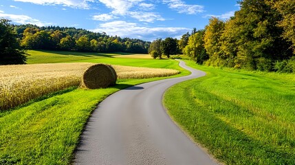 Obraz premium Scenic Country Road, Hay Bale, Summer - Nature Photography
