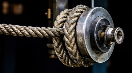 A cold metal industrial chain tightly wrapped around a mechanical pulley, black background
