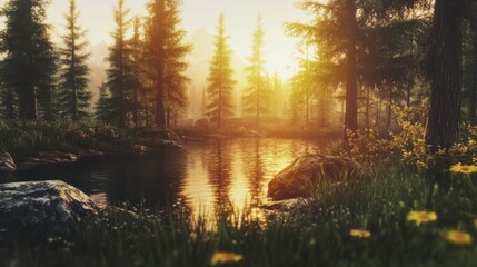 Serene Waterway at Golden Hour with Natural Beauty