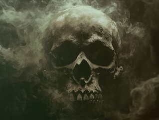 Human skull enveloped by ethereal smoke conveying a sense of mortality