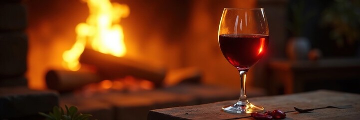 Crackling firelight casting a golden glow on a glass of red wine, fireplace, warm light, crackling