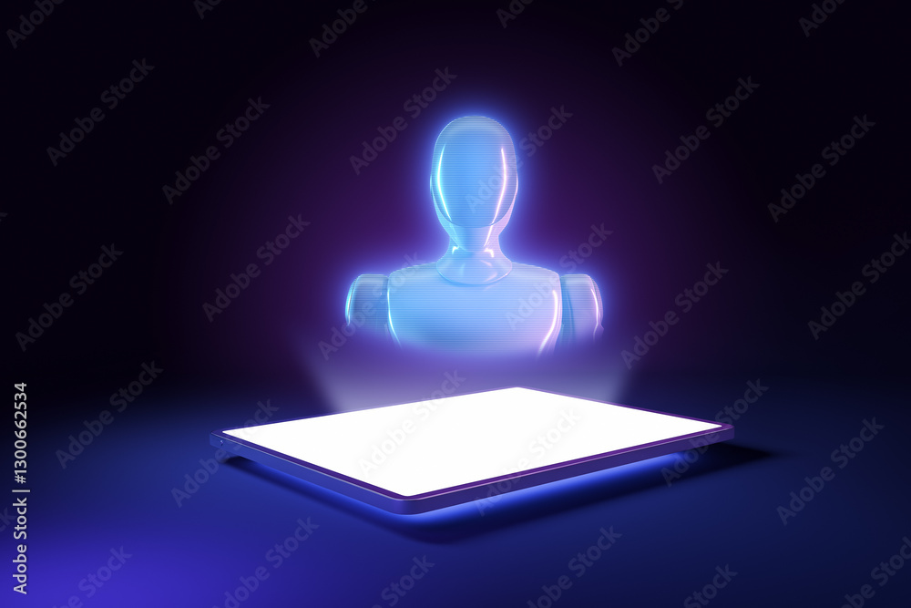 Poster Futuristic hologram robot with tablet on dark background. 3D Rendering
