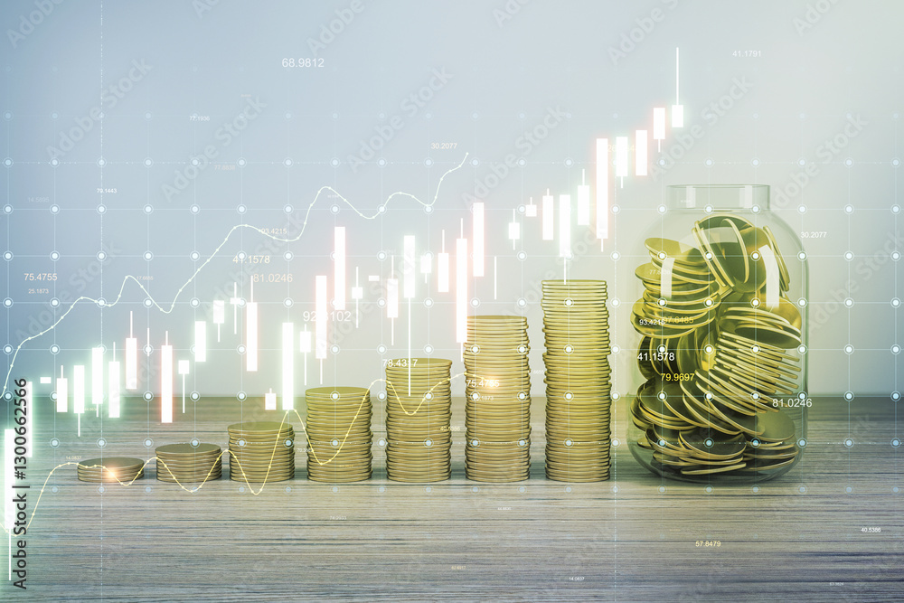 Poster stacks of gold coins with financial chart in the background.