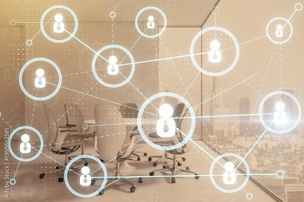 Poster business networking concept with hologram icons in office setting.