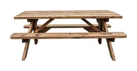 Rustic wooden picnic table designed for outdoor gatherings and meals in parks or backyards during warm seasons, cut out