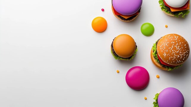 A colorful array of hamburgers and hot dogs are arranged on a white background. The hamburgers are in various colors, including pink, purple, and orange, while the hot dogs are also colorful - Powered by Adobe
