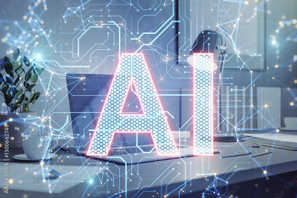 Poster ai concept with digital overlay on office desk background.