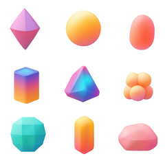 a collection of various colorful geometric shapes with vibrant colors and gradients