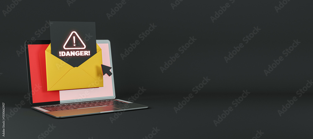 Poster danger alert email on laptop screen. 3d rendering
